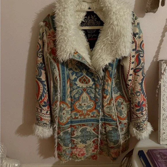 Johnny Was Patterned Afghan Coat with Faux Fur Trim